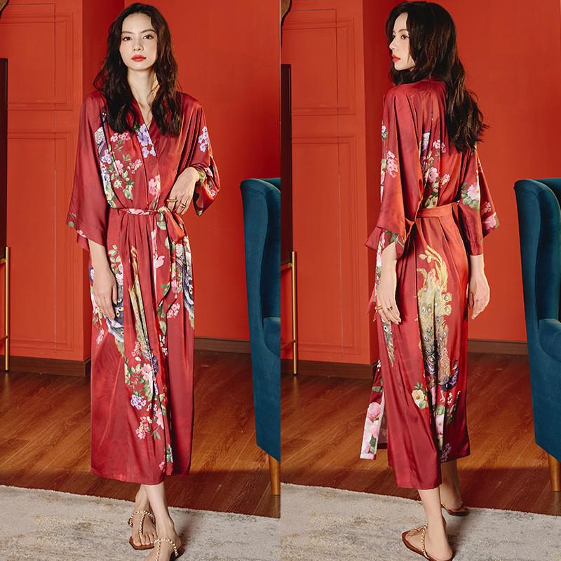 Black Print Flower Long Robe Nightgown Spring Summer Half Sleeve Kimono Bathrobe Gown Women Sexy Rayon Home Dress Loungewear