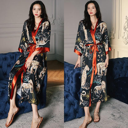 Black Print Flower Long Robe Nightgown Spring Summer Half Sleeve Kimono Bathrobe Gown Women Sexy Rayon Home Dress Loungewear