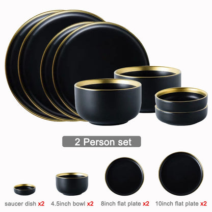 Black Dinnerware Set Ceramic Plates Dishes Plates and Bowls Set Food Plate Salad Soup Bowl Tableware Set for Restaurant