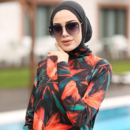 Frauen Muslimischen Bademode Maple Leaf Druck Lslamic Kleidung Hijab 3 Pcs Langen Ärmeln Sport Badeanzug Burkinis Badeanzug Abaya