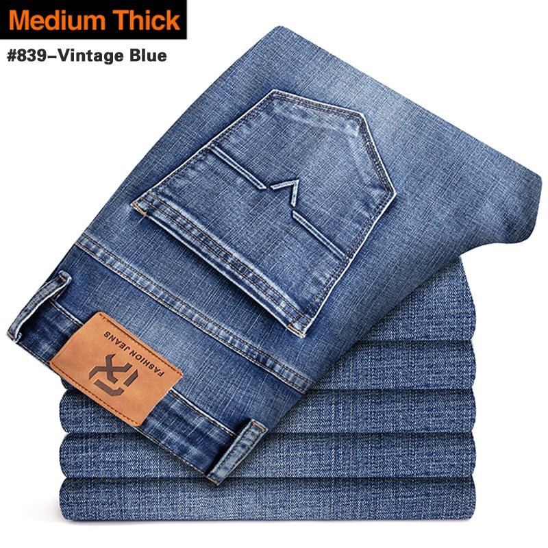 New Men's Stretch Regular Fit Jeans Business Casual Classic Style Fashion Denim Trousers Male Black Blue Gray Pants