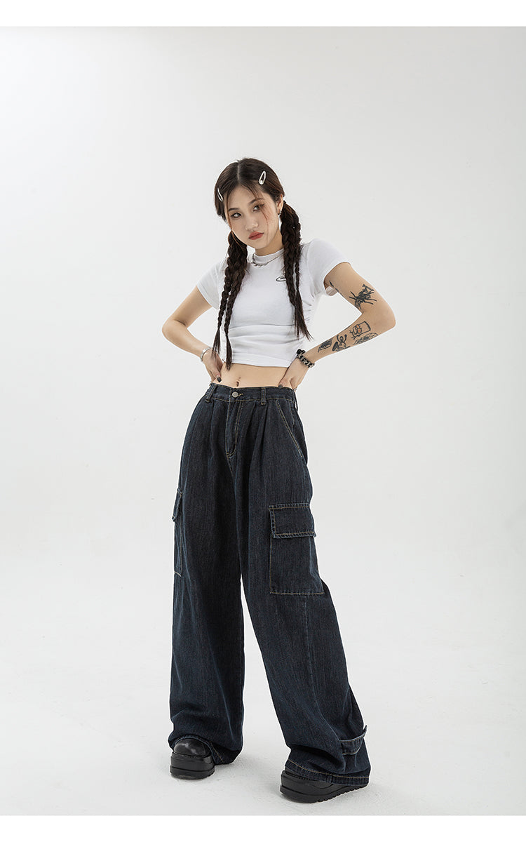 Sommer Frauen Harajuku Cargo Baggy Blue Jeans Streetwear Hip Hop Overs ize lässig weites Bein Vintage Jeans hose y2k lose Hose