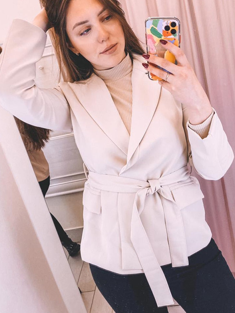 New Office Lady Turn-down Collar Sash Tie Up Blazer Elegant Female