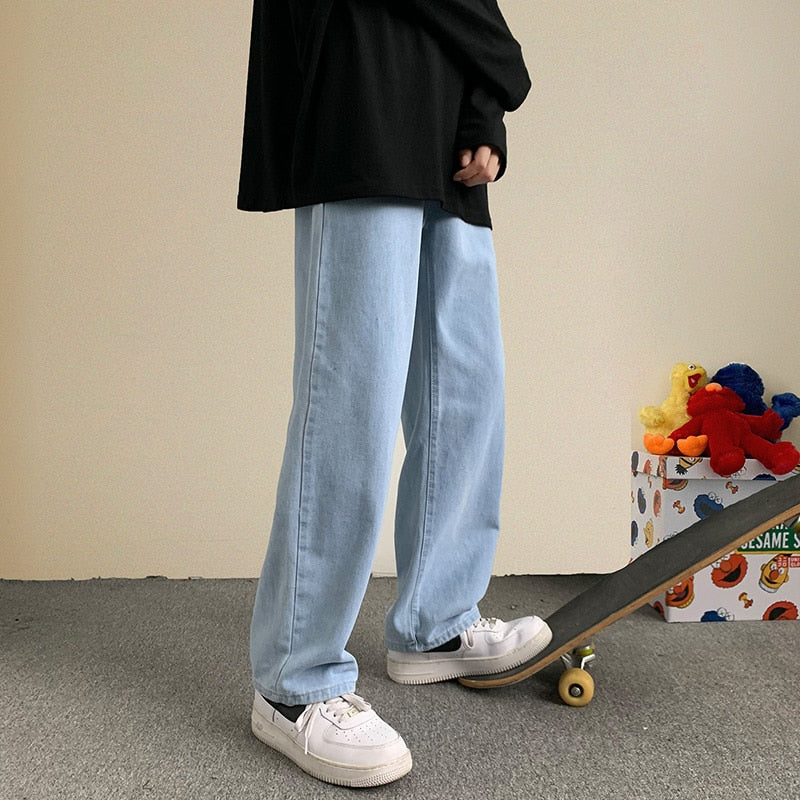 Frühling neue Streetwear Baggy Jeans Männer koreanische Mode lose gerade weites Bein Hosen männliche Marken kleidung schwarz hellblau