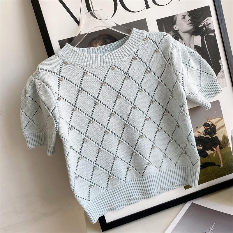 iamanten Argyle Knit Korean Sweater Women 2023 Summer Short Sleeve O-neck