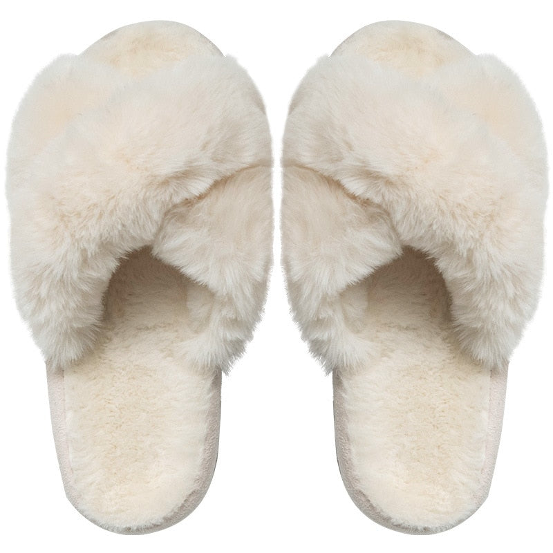 Winter Neue Frauen Slipper Weiche Kaninchen Fell Kreuz Oberen 3cm Ferse Plattform Pelz Warme Innen Damen Offene spitze flauschigen Hause Hausschuhe