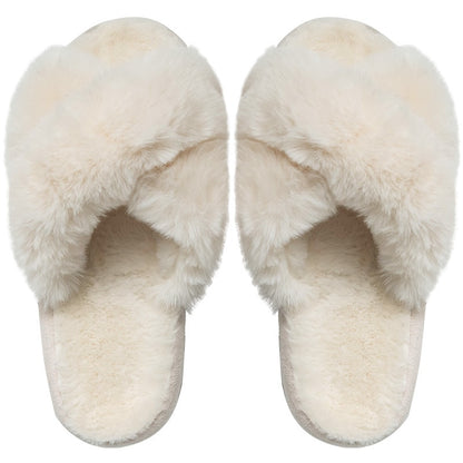 Winter Neue Frauen Slipper Weiche Kaninchen Fell Kreuz Oberen 3cm Ferse Plattform Pelz Warme Innen Damen Offene spitze flauschigen Hause Hausschuhe