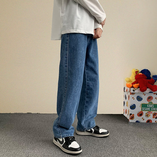 Spring new streetwear baggy jeans men korean fashion loose straight wide leg pants male brands clothing black light blue