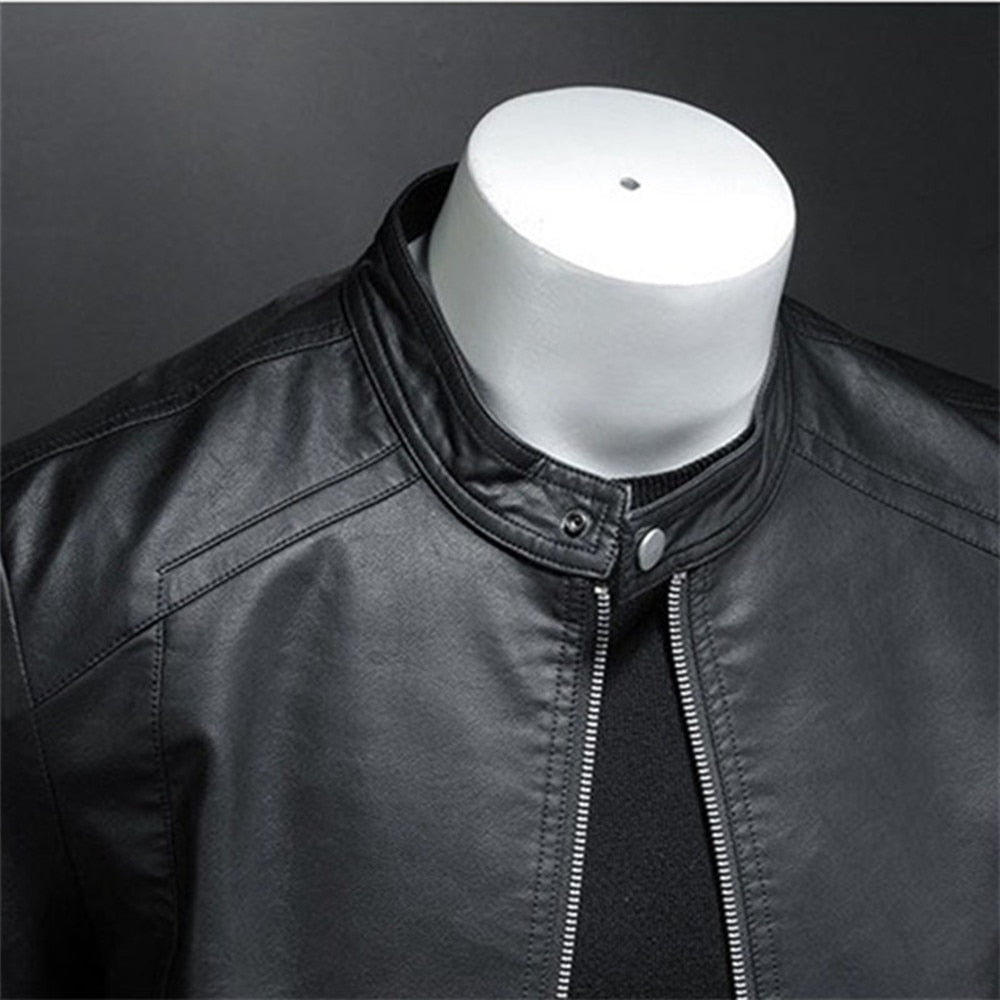 Spring Autumn Leather Jacket Men Stand Collar Slim Pu Leather Jacket Fashion Motorcycle Causal Coat