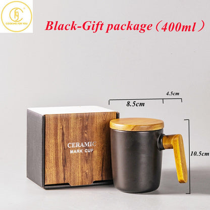 Gift Package Wooden Handle with Cover coffee cup Lovers coffee Mug Ceramic coffee Mug cup set wooden coffee cup