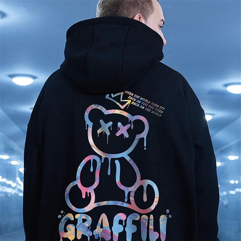 Graffiti Bear Print Men's Fleece Hoodie Retro Autumn Casual Pullover