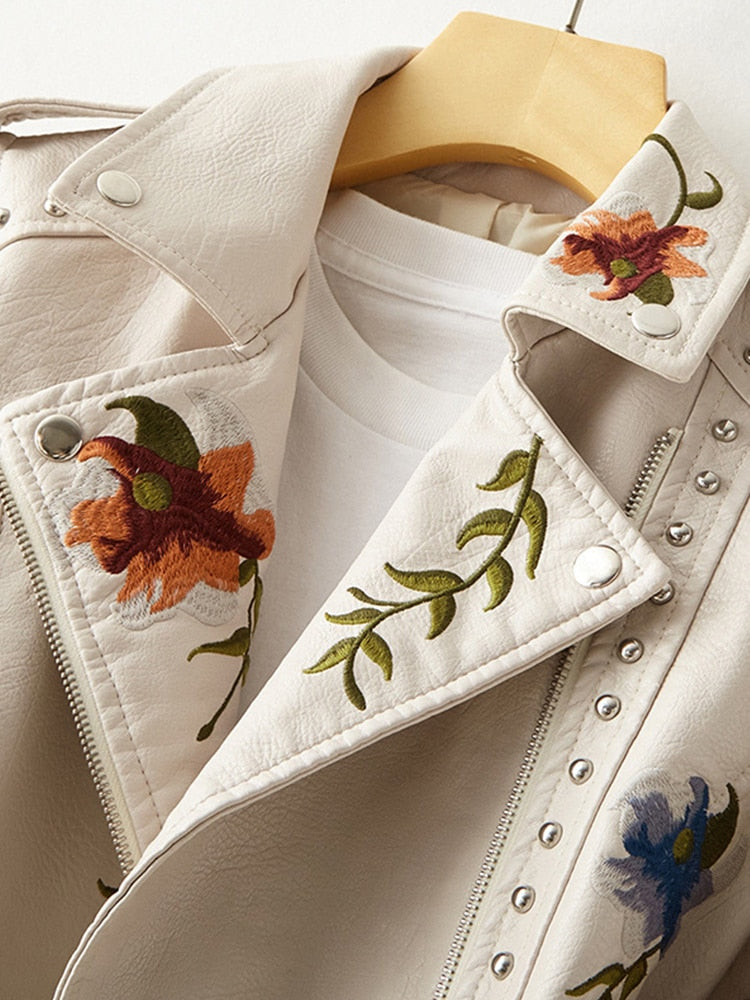 Neue Frauen Retro Floral Print Stickerei Faux Weiche Leder Jacke Mantel Turndown Kragen