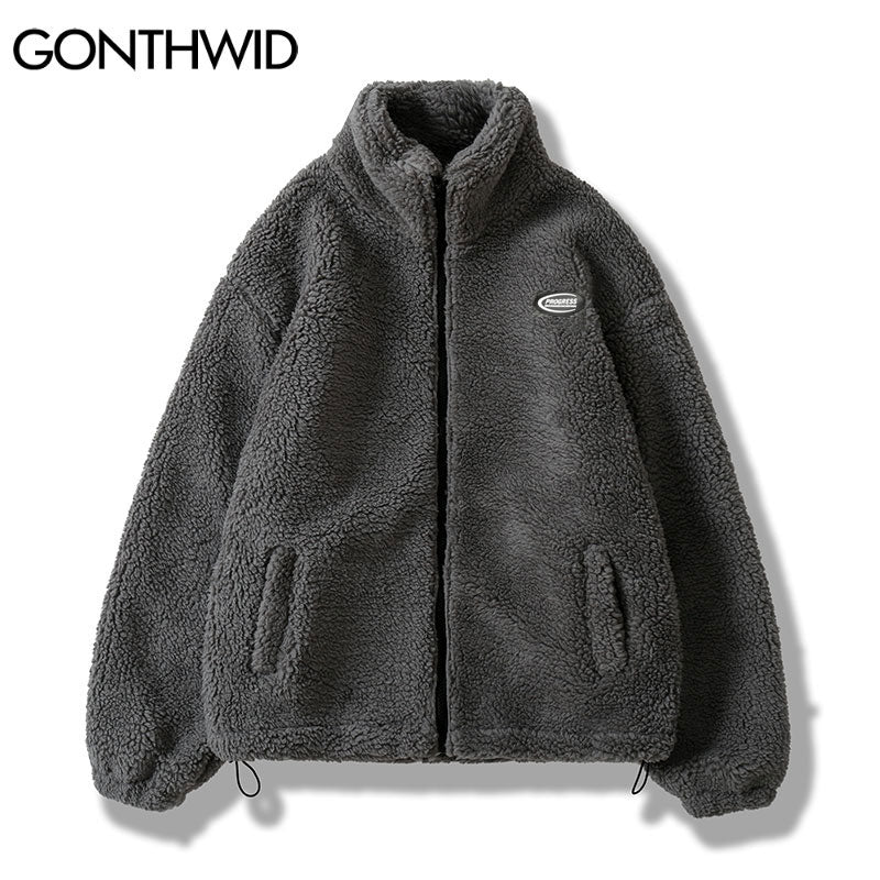 Hip Hop Winter Fleece Fluffy Jacket Streetwear Harajuku Fuzzy Zipper Coat Men Autumn Solid Color