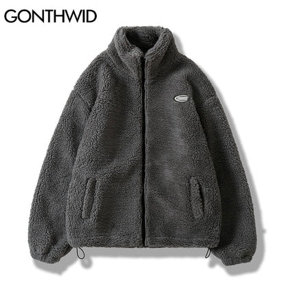 Hip Hop Winter Fleece Flauschigen Jacke Streetwear Harajuku Fuzzy Zipper Mantel Männer Herbst Einfarbig