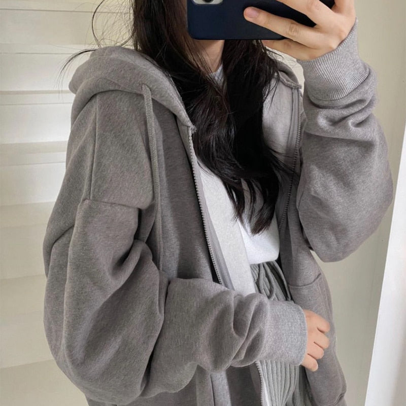 Women Harajuku Zipper Hoodie Vintage Long Sleeve Oversized Solid Color Hoodies