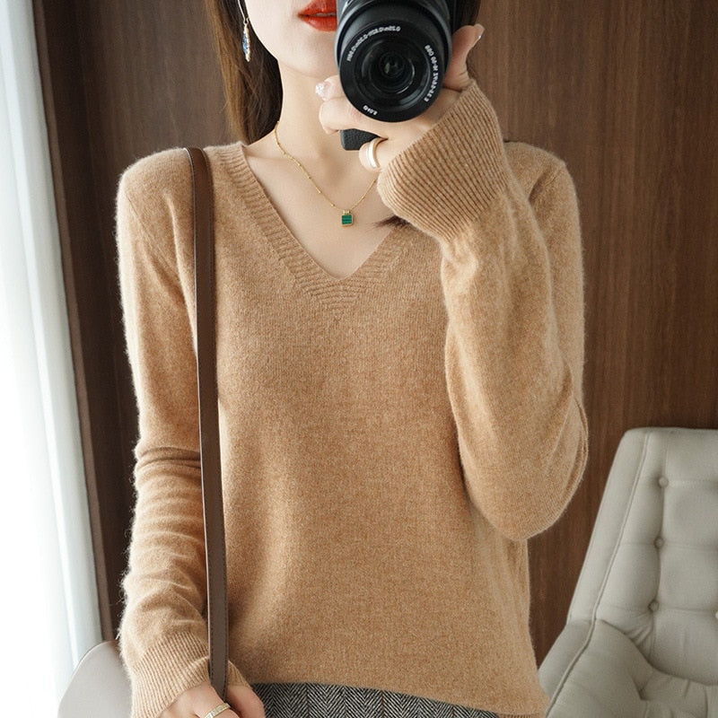 Women's sweater autumn winter knitted sweater V-neck slim fit