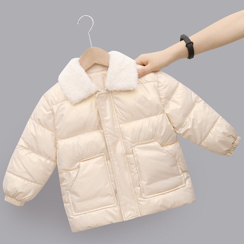 Neue Winter Kinder warme Baumwoll jacken Kaninchen Pelz Kragen Mäntel Baby kurze Stepp jacke