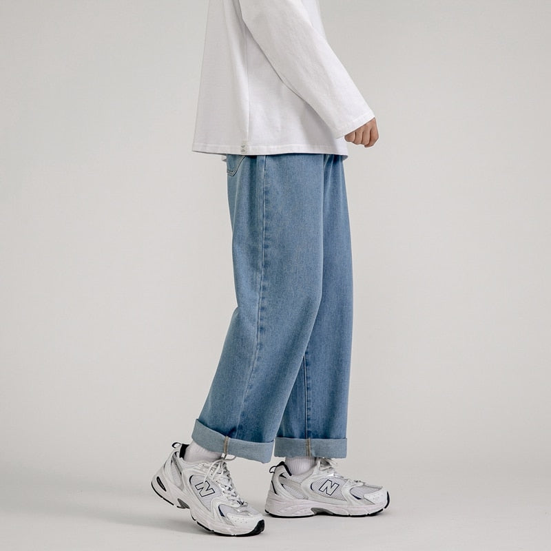 Korean fashion men's baggy jeans classic all-match solid color straight leg wide leg jeans male light blue gray black