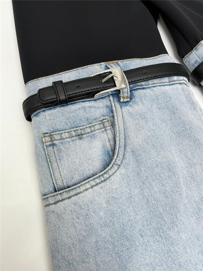 Fashion Women's Jeans High Waist Straight Patchwork PU Leather Buckle Streetwear Denim Pants Spring 2023 New Trend 17A2013H