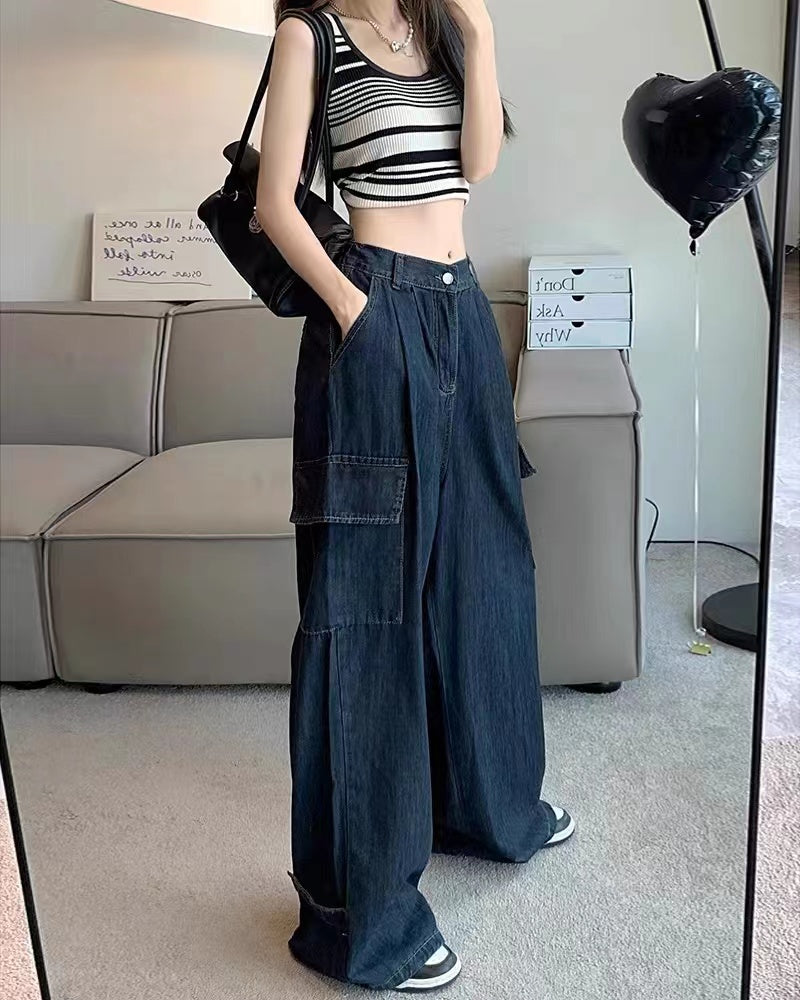 Summer Women Harajuku Cargo Baggy Blue Jeans Streetwear Hip Hop Overs ize Casual Wide Leg Vintage Jeans Pants y2k Loose Trousers