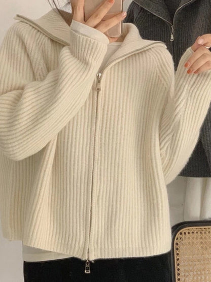 Autumn Vintage Zipper Solid Loose Long Sleeve Tops Knitwear Chic