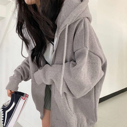 Women Harajuku Zipper Hoodie Vintage Long Sleeve Oversized Solid Color Hoodies