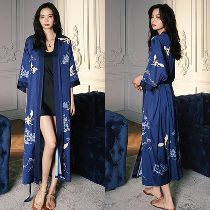 Black Print Flower Long Robe Nightgown Spring Summer Half Sleeve Kimono Bathrobe Gown Women Sexy Rayon Home Dress Loungewear