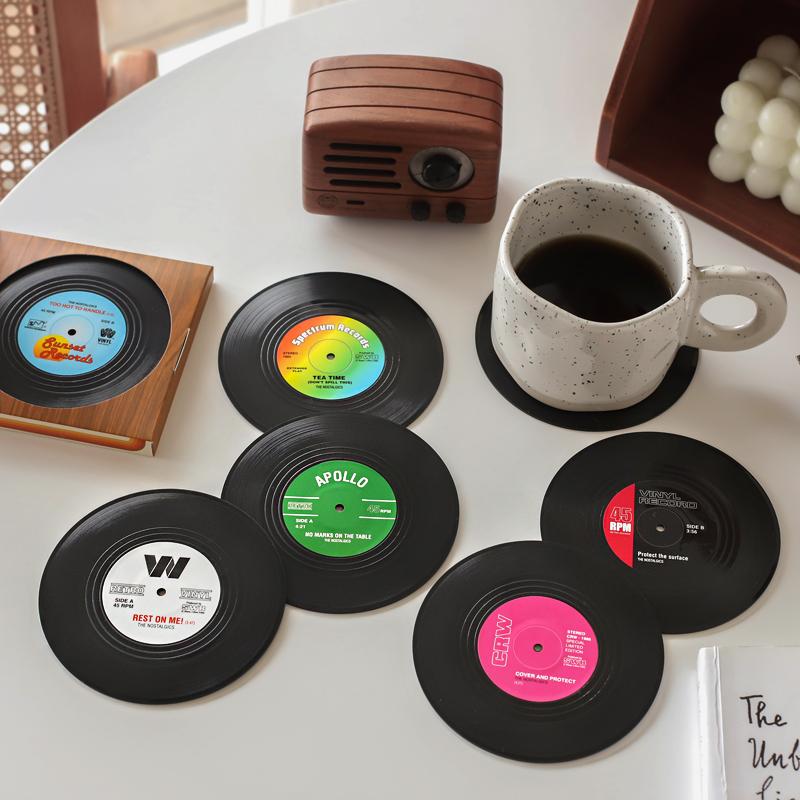 6pcs Retro Vinyl Record Cup Coaster Anti-slip Coffee Coasters Heat Resistant Music Drink Mug Mat Table Placemat Home Decor Gifts