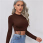 Women Basic Skinny Crop T-Shirt Half High Collar Long Sleeve