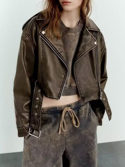 Vintage Loose Pu Faux Leather Short Jacket with Belt Streetwear Female Zipper Retro Moto