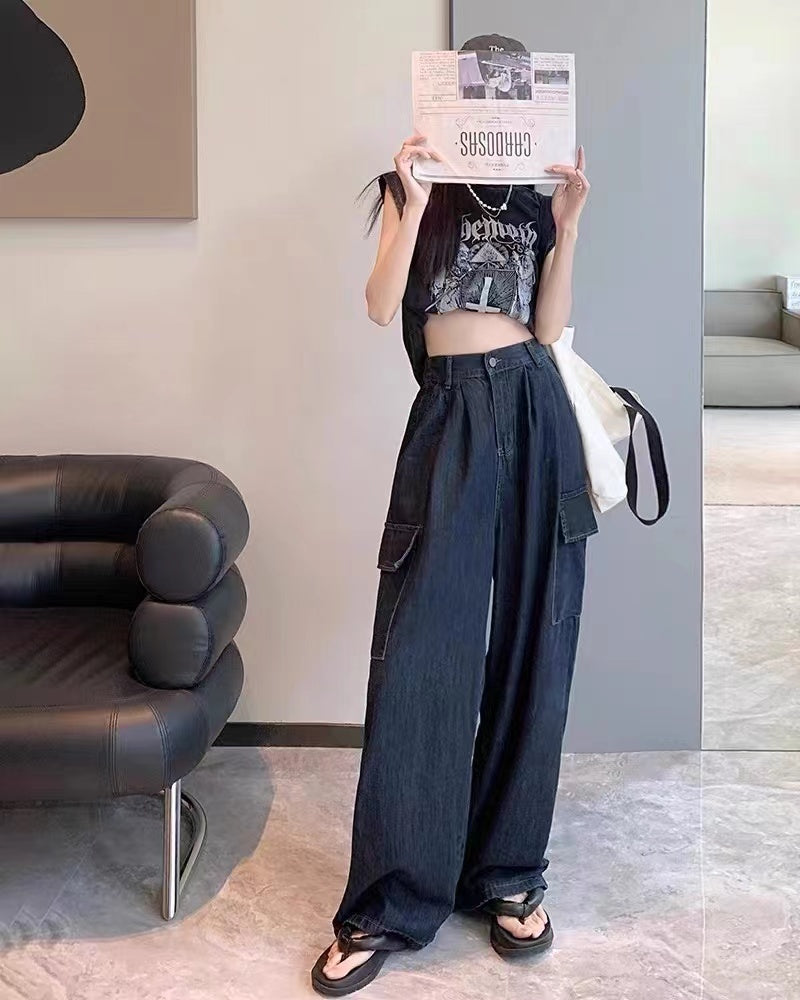 Summer Women Harajuku Cargo Baggy Blue Jeans Streetwear Hip Hop Overs ize Casual Wide Leg Vintage Jeans Pants y2k Loose Trousers