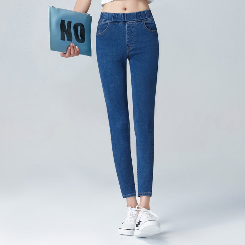 Women Elastic High Waist Skinny Jeans Fashion Women Black Blue Pocket Mom Jeans Slim fit Stretch Denim Pants