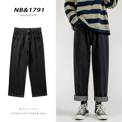 Koreanische Mode Herren Baggy Jeans klassische All-Match einfarbige Jeans mit geradem Bein und weitem Bein männlich hellblau grau schwarz