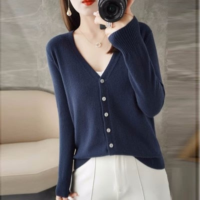 Cardigans Women Autumn Single Breasted Knitted Sweater with V-Neck