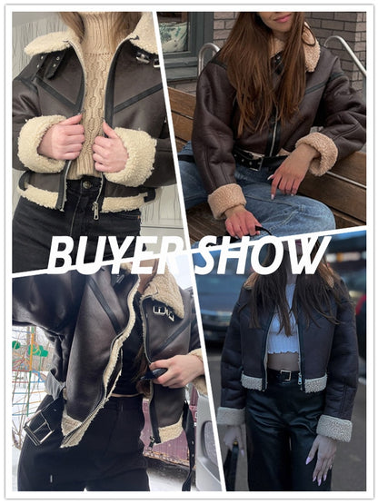 Ailegogo Winter Women Streetwear Faux Lamb Leather Fur Short Jacket with Belt Moto Biker Thick Warm Sheepskin