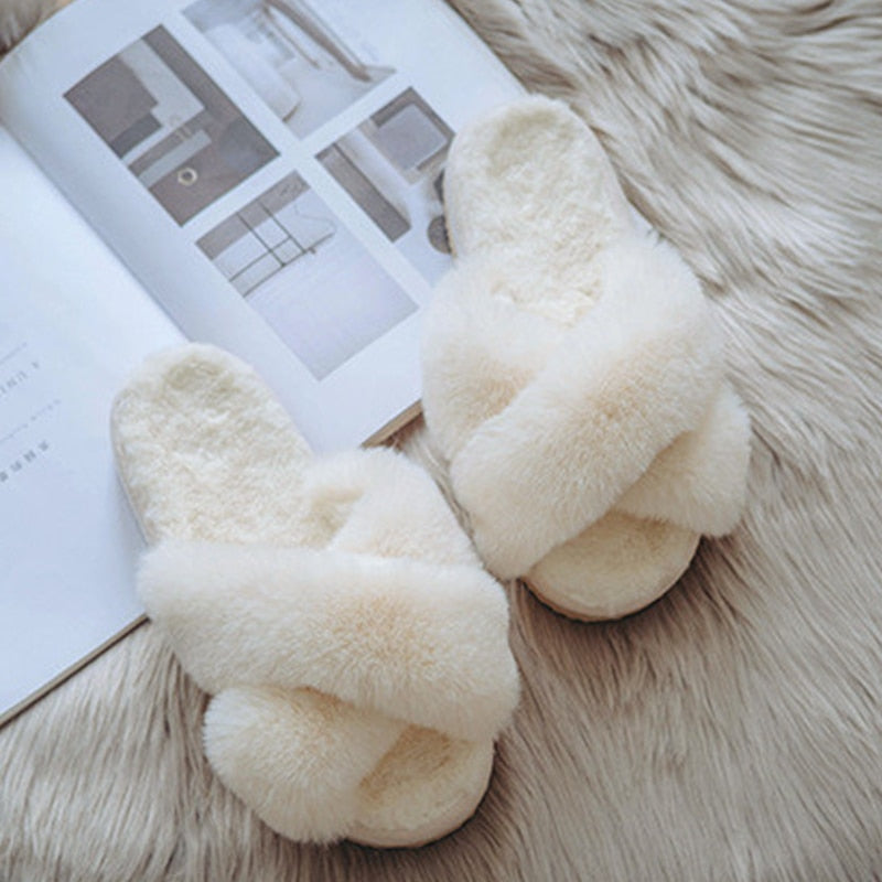 Winter New Women Slipper Soft Rabbit Fur Cross Upper 3cm Heel Platform Fur Warm Indoor Ladies Open Toe Fluffy Home Slippers