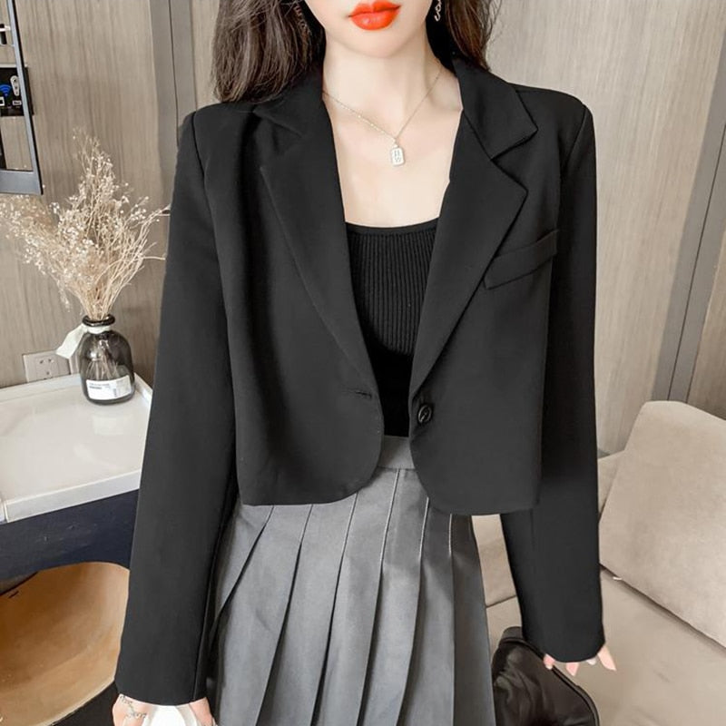 koreanische kurz geschnittene Blazer Frauen einfarbig einfache Ein-Knopf-Outwear Teenager All-Match