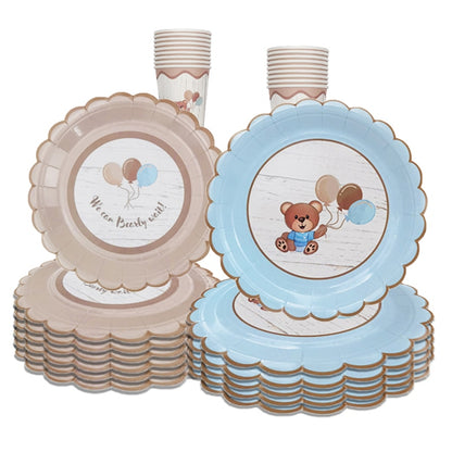 Cute teddy bear baby party disposable tableware sets brown blue napkin plate cup kids baby girl happy birthday party suppli