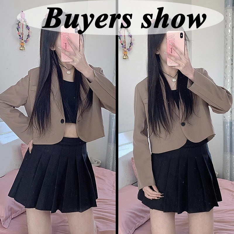 Korean Cropped Blazers Women Solid Color Simple One-Button Outwear Teenager All-Match