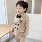 Flower Boys Formal Dress Suit Set Autumn Kids Plaid Double Breasted Blazer Pants 2Pcs Clothes