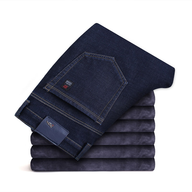 Winter Neue herren-Fleece Warme Jeans Klassische Stil Business Casual Verdicken Regelmäßige Fit Denim Hosen Schwarz Blau Marke hosen