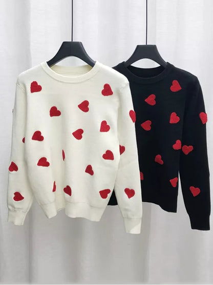 Spring Embroidery Heart Women Sweater O-neck Kawaii Fashion