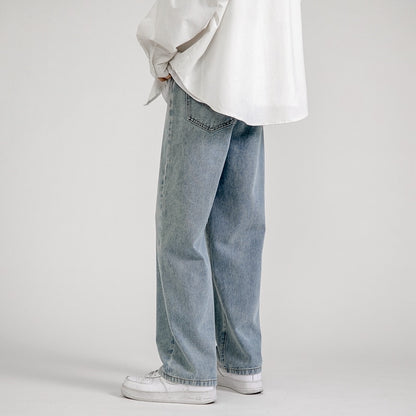 Korean fashion men's baggy jeans classic all-match solid color straight leg wide leg jeans male light blue gray black
