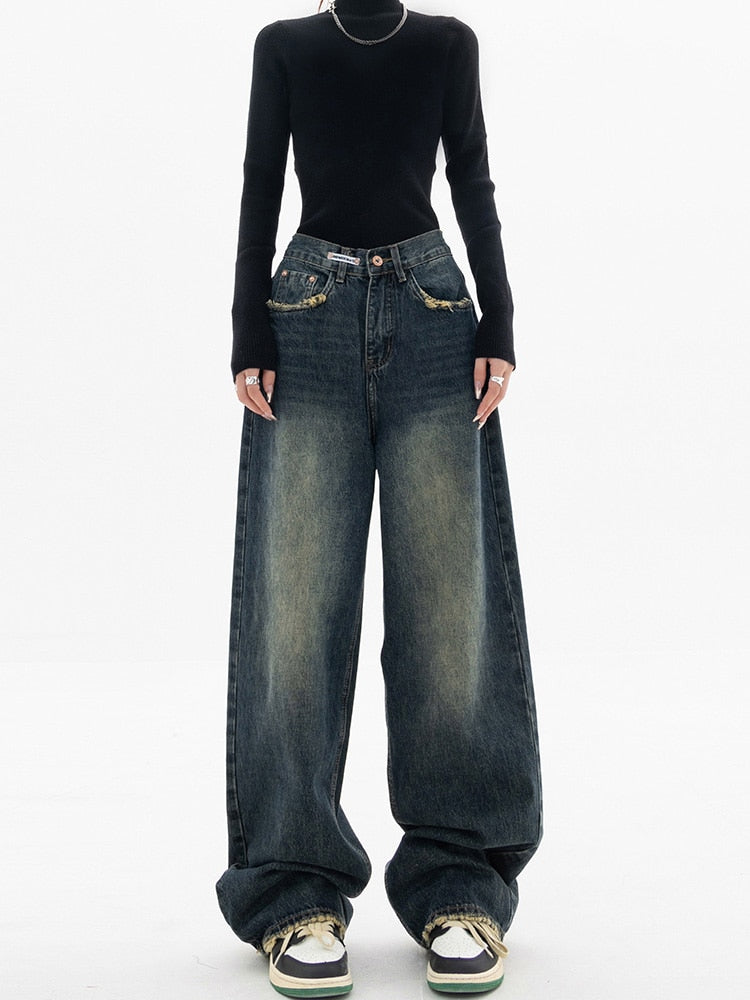 Hohe Taille frauen Jeans Harajuku Vintage BF Stil Streetwear Alle-spiel Lose Mode Femme Breite Bein Denim Hosen