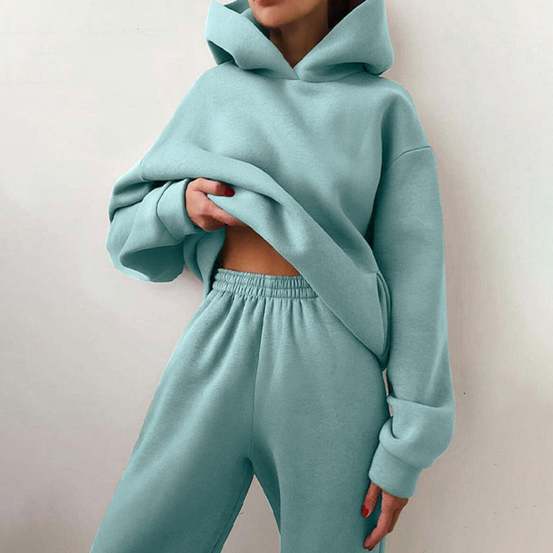 Women Tracksuit Suit Autumn Fashion Warm Hoodie Sweatshirts Two Pieces Oversized Solid Casual Hoody Pullover Long Pants Sets