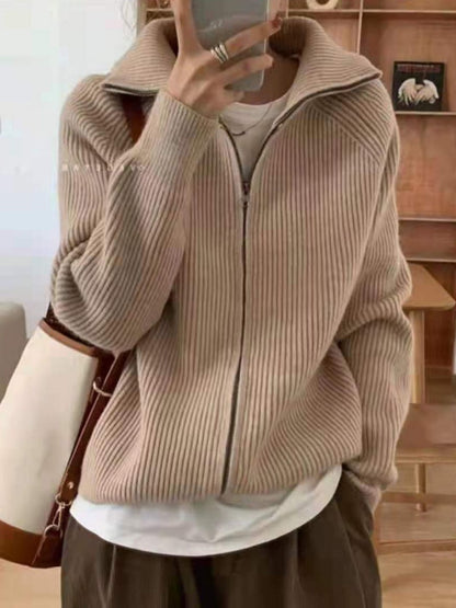 Autumn Vintage Zipper Solid Loose Long Sleeve Tops Knitwear Chic