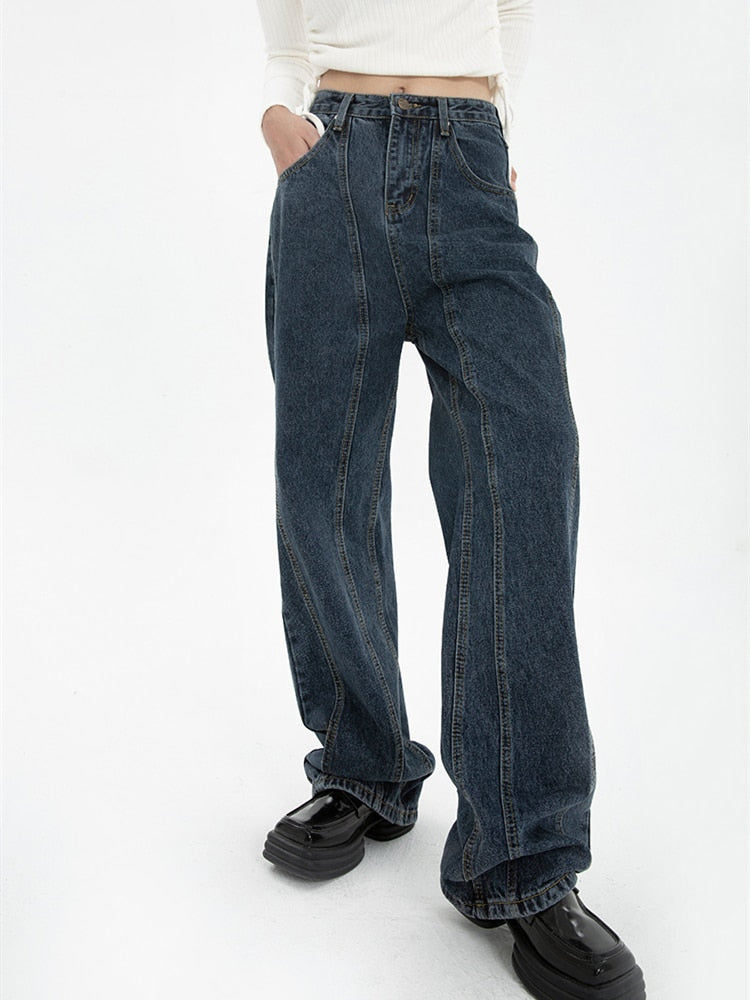 Dunkelblau Frauen Jeans Hohe Taille Vintage Gerade Baggy Denim Hosen Streetwear Amerikanischen Stil Mode Breit Bein Denim Hosen