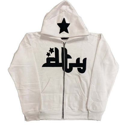 Star Letter Print Hoodie Men Retro Zip Up Long Sleeve Loose Jacket Coats