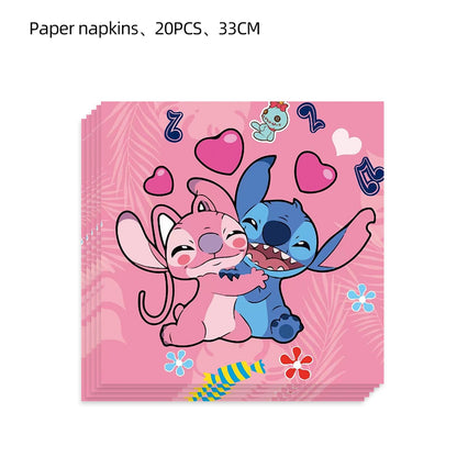 Disney Stitch Party Supplies Paper Napkins Tablecloth Plate Balloon Pink Angel Theme Baby Shower Girl Birthday Party Decoration