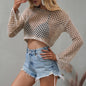 Women Wool Knitwear Solid Color Mesh Round Neck Long Sleeve Knitted Sweater